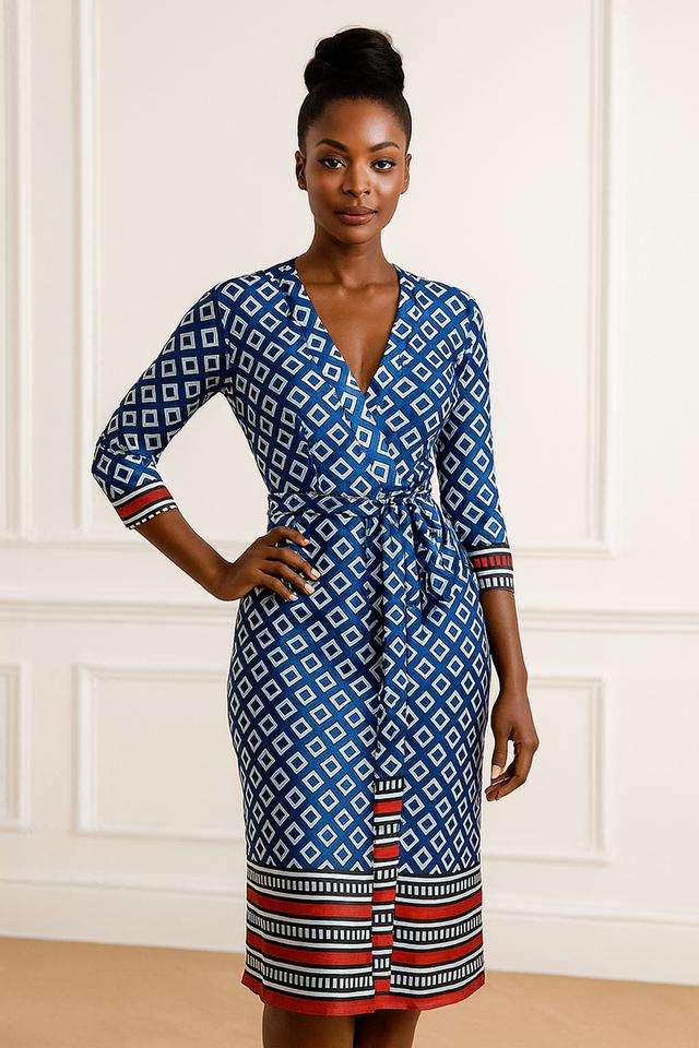 เดรสพันหน้าพิมพ์ลายกราฟิกสีนํ้าเงิน (Blue Geometric Print Wrap Dress)@SP031