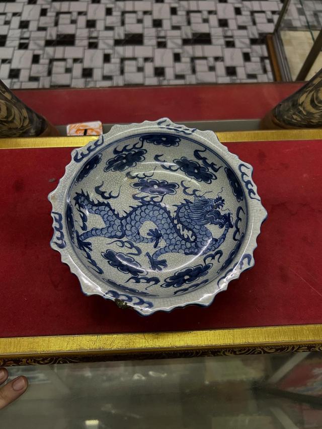 จานเชิงกระเบื้องลายคราม ลายมังกร 9
