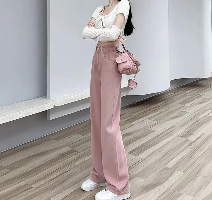 กางเกงยีนส์เอวสูงสีชมพู รูปที่ 2