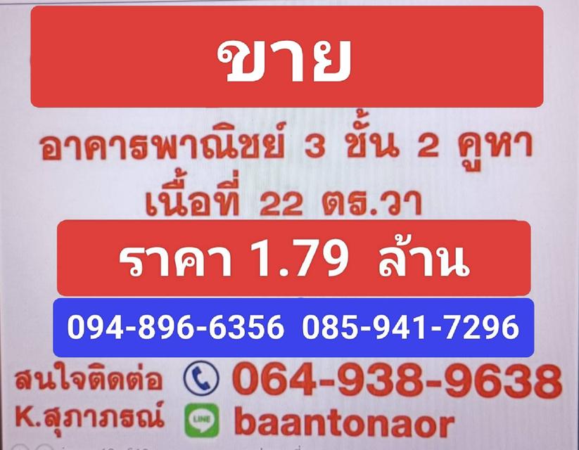 ประกาศขาย ต๊กแถวอาคารพาณิชย์ 3.5 ชั้น 2 คูหา 22 ตร.วา . ใกล้ตลาดสด ห้างบิ๊กซี ดาวคะนอง ธนาคาร ป้อมตำรวจ ราคาลดพิเศษได้อีก ติดต่อ 064-9389638 1