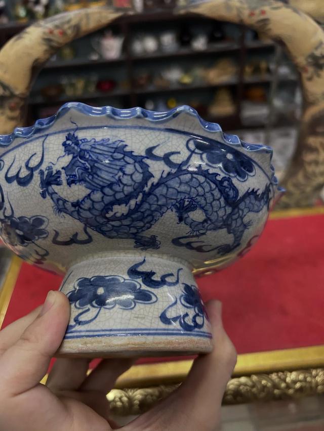 จานเชิงกระเบื้องลายคราม ลายมังกร 7