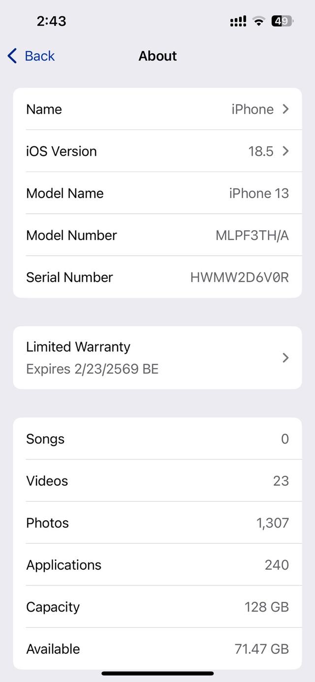ขายไอโฟน13 128GB แบต100 ประกันเครื่องศูนย์ทรู เหลือ 8 เดือน