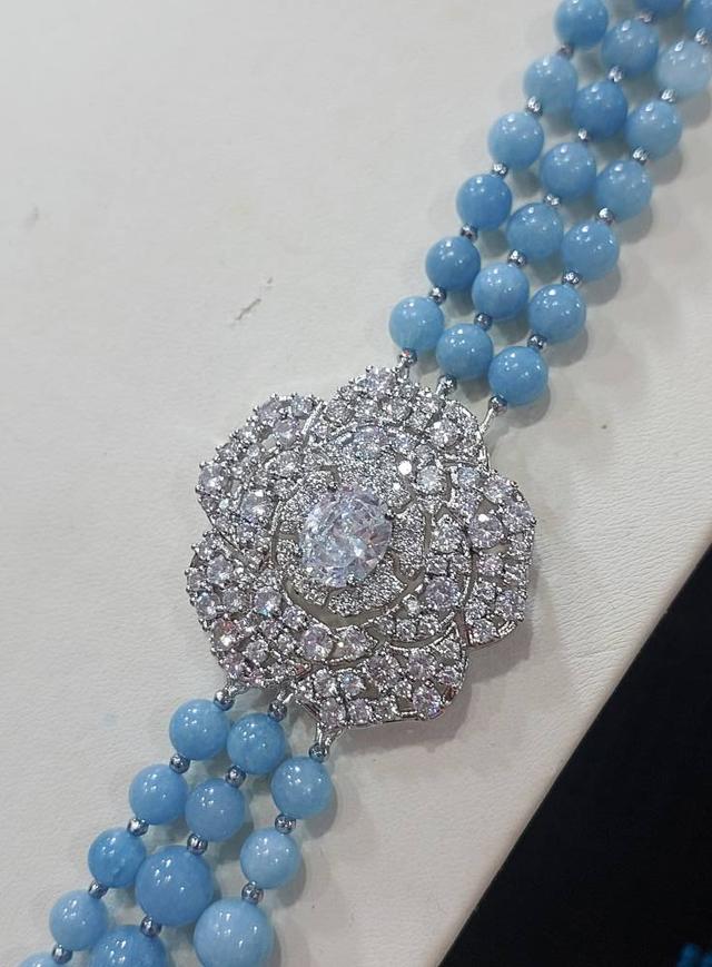 สร้อยหินเทอควอยซ์-บุษราคัม-สตอเบอรรี่ควอต-อความารีน แร่เฮมาไทต์ ดอกไม้CZ sterling silver925  12
