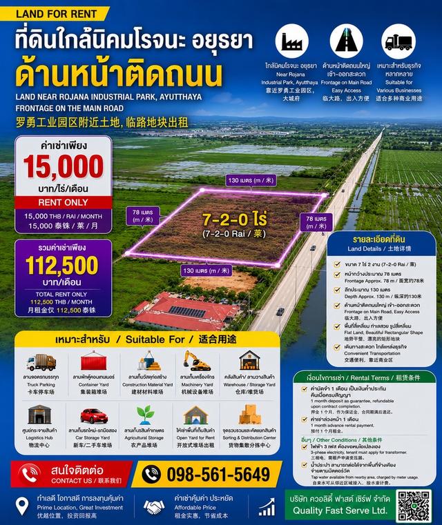ที่ดินใกล้นิคมโรจนะ อยุธยา ด้านหน้าติดถนน 1