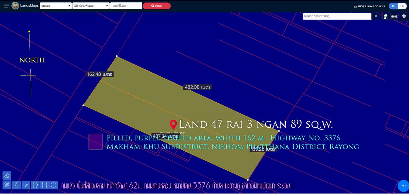 ที่ดิน47ไร่3งาน89ตรว. ถมแล้ว พื้นที่สีม่วงลาย หน้ากว้าง 163ม. ถนน ทางหลวงหมายเลข3376   ตำบล มะขามคู่ อำเภอนิคมพัฒนา ระยอง   1