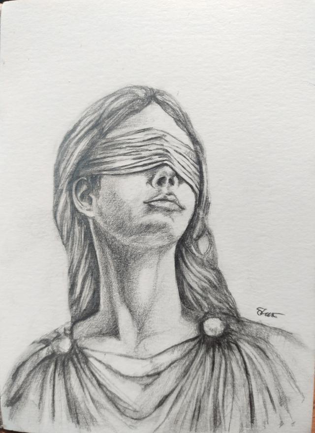 ภาพวาดดินสอในภาพน่าจะเป็นภาพเทพีแห่งความยุติธรรม (Lady Justice) ขนาด 105X148 มม.