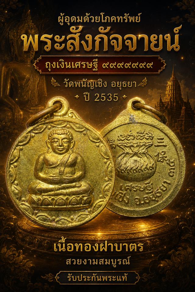 เหรียญพระสังกัจจายน์ ผู้อุดมด้วยโภคทรัพย์ ถุงเงินเศรษฐี ๙๙๙๙๙๙๙ วัดพนัญเชิง อยุธยา ปี 2535 เนื้อทองฝาบาตร สวยงามสมบูรณ์  รั