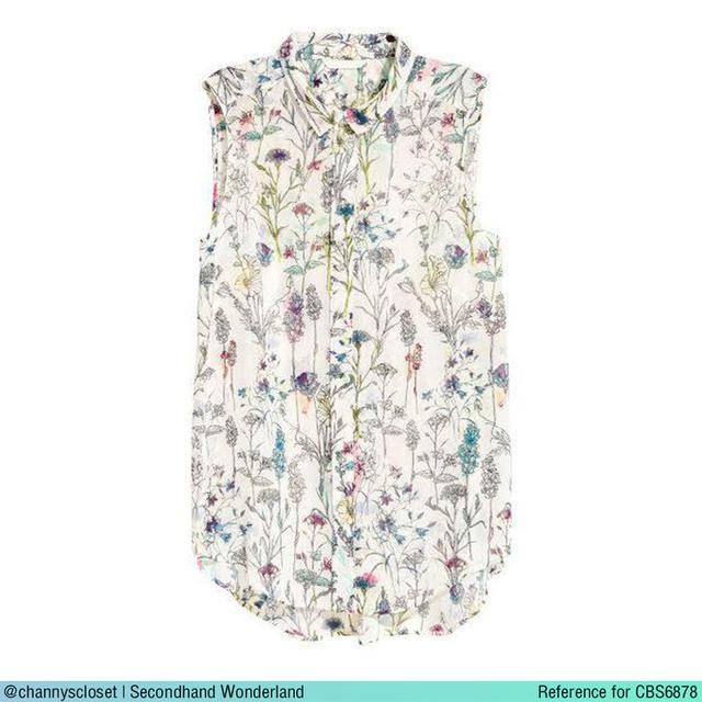 USED H&M - Sheer Cream Floral Collar Top | เสื้อแขนกุดสีครีม สีแดง เสื้อซีทรู ลายดอก คอปก ทรงใหญ่ วินเทจ แท้ มือสอง