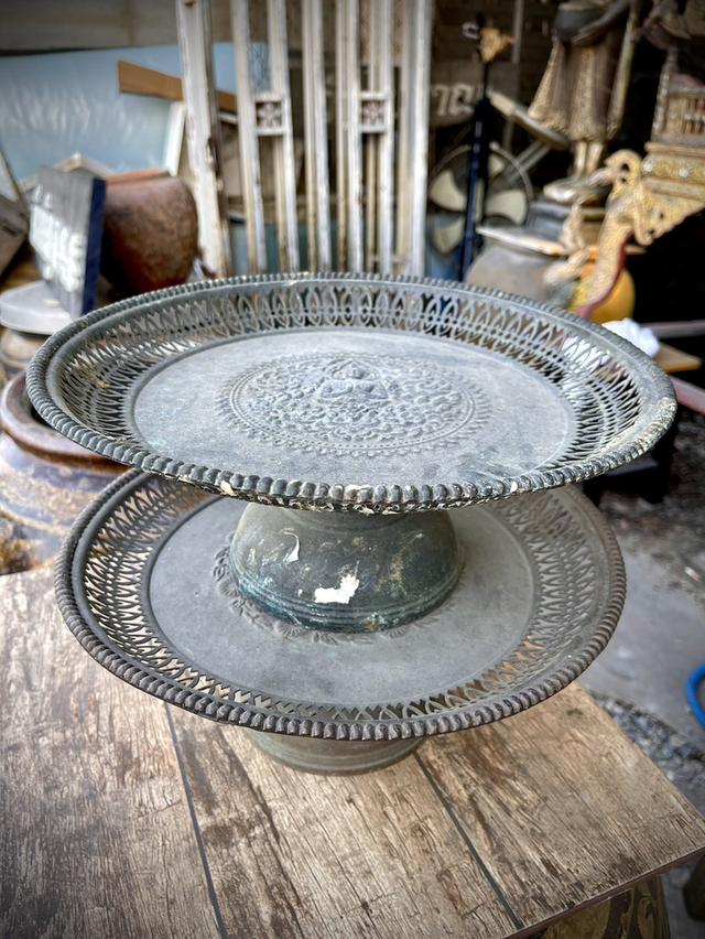 พานทองเหลืองโบราณ ลายเทพนม พานโตกทองเหลืองโบราณ ขนาด12นิ้ว ลายฉลุ