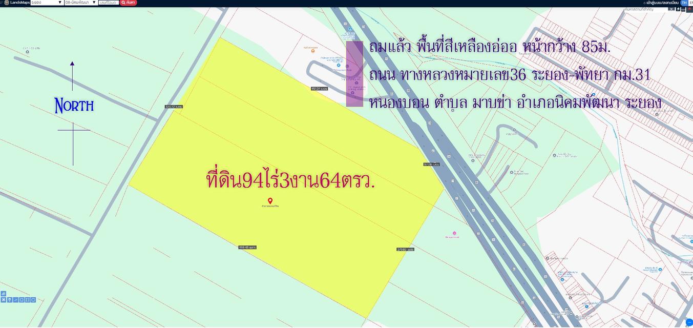 ที่ดิน94ไร่3งาน64ตรว. ถมแล้ว พื้นที่สีเหลืองอ่อน หน้ากว้าง 85ม. ถนน ทางหลวงหมายเลข36 ระยอง-พัทยา กม.31 หนองบอน ตำบล มาบข่า อำเภอนิคมพัฒนา ระยอง  2