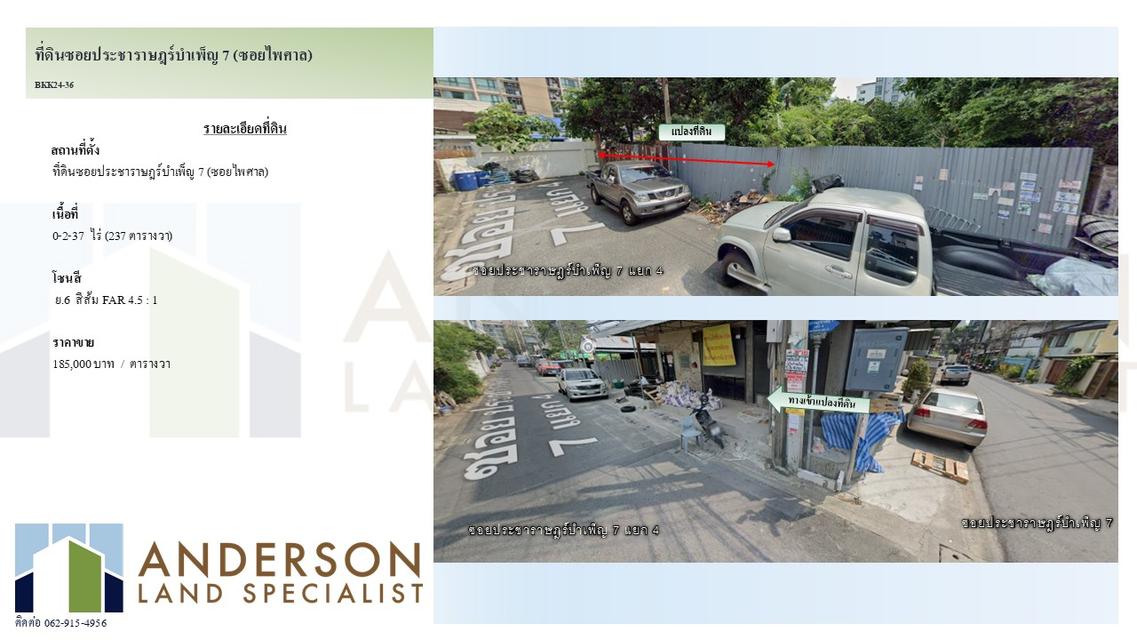 ขายที่ดินซอยประชาราษฎร์บำเพ็ญ 7 ซอยไพศาล เนื้อที่ 0-2-37 ไร่ (237 ตารางวา)