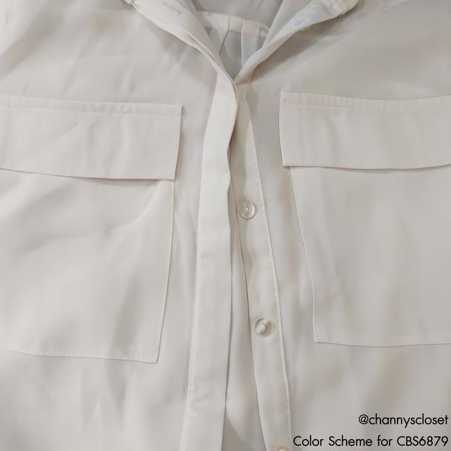 USED Primark - Sheer Cream Pocket Shirt | เสื้อเชิ้ตสีครีม เสื้อซีทรู แขนยาว คอปก ทรงใหญ่ สีพื้น ทำงาน แท้ มือสอง 7