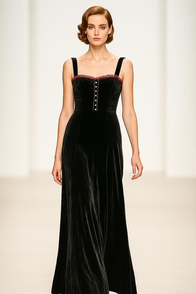 เดรสกํามะหยี่แม็กซี่ คอหวานประดับ Velvet Sweetheart Maxi Dress with Embellishment @SP043