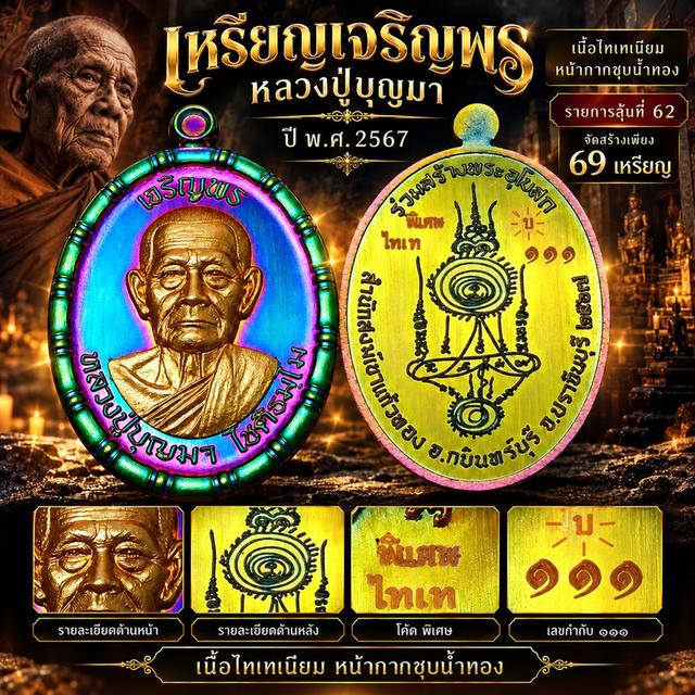 เหรียญเจริญพร หลวงปู่บุญมา ปี 2567 เนื้อไทเทเนียม หน้ากากชุบน้ำทอง เลขตอง ๑๑๑ โค้ดพิเศษ ( สร้างน้อย 69 เหรียญ )
