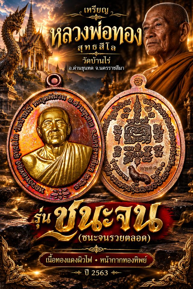 เหรียญหลวงพ่อทอง วัดบ้านไร่ รุ่นชนะจน (ชนะจนรวยตลอด) ปี 2563 เนื้อทองแดงผิวไฟ หน้ากากทองทิพย์ พร้อมกล่อง