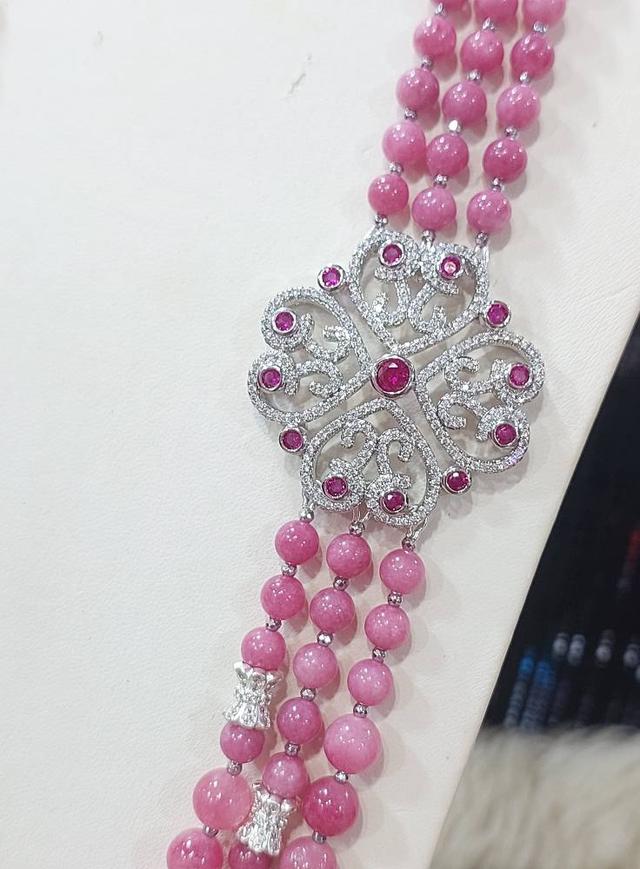 สร้อยหินเทอควอยซ์-บุษราคัม-สตอเบอรรี่ควอต-อความารีน แร่เฮมาไทต์ ดอกไม้CZ sterling silver925  9
