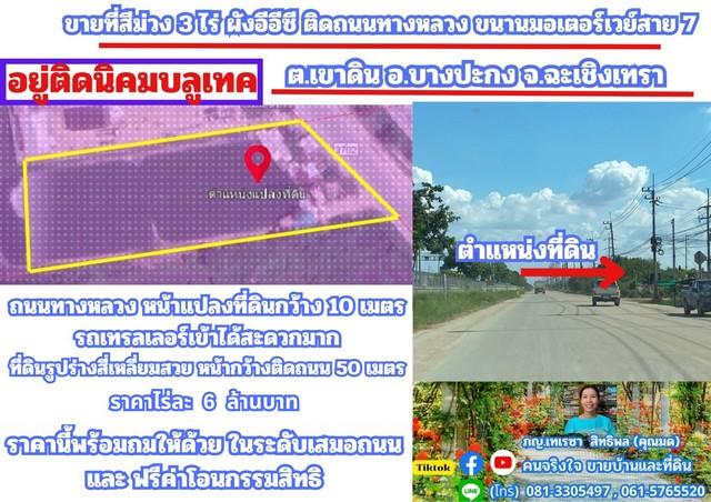 ขายที่สีม่วง 3 ไร่ ผังอีอีซี ติดถนนทางหลวงหมายเลข 3702 รถเทรลเลอร์เข้าได้ อยู่ติดนิคมบลูเทค ต.เขาดิน อ.บางปะกง จ.ฉะเชิงเทรา 2