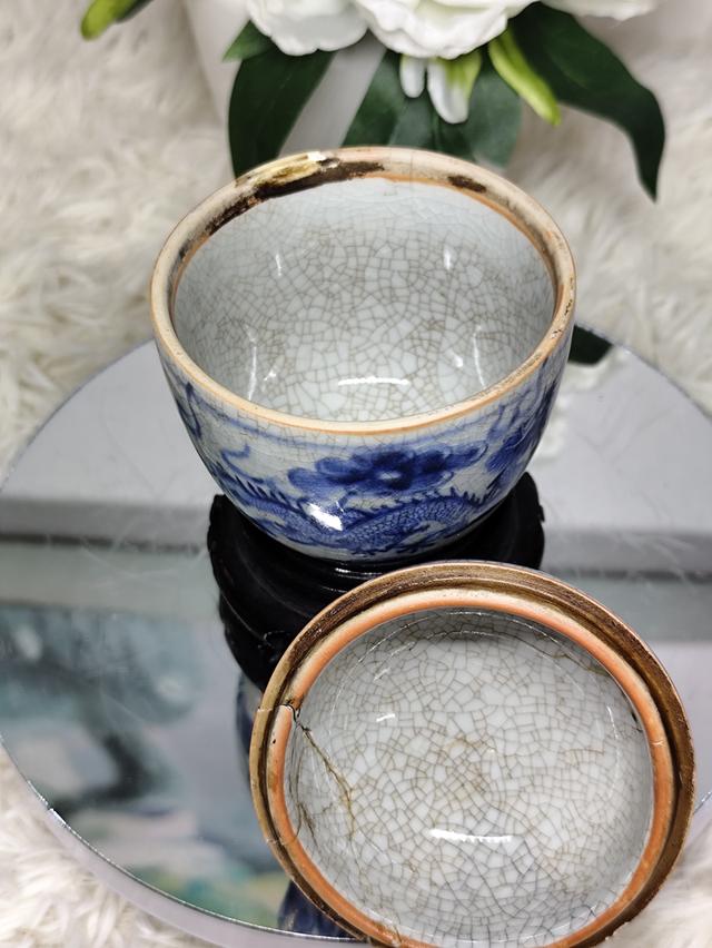 โถฝาปิดกังใสเขียนครามลายมังกรท่องเล่นแก้วคู่ สูง12cm. รวมฝา มีตราประทับ"ผลิตในรัชสมัยซุนจือแห่งราชวงศ์ชิง" รูปที่ 4