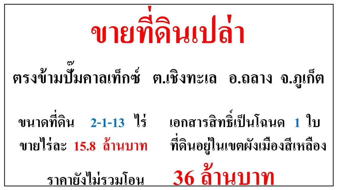 ขายที่ดินเปล่า ขนาด 2-1-13 ไร่  ตรงข้ามปั๊มคาลเท็กซ์  ต.เชิงทะเล  อ.ถลาง  ภูเก็ต 1