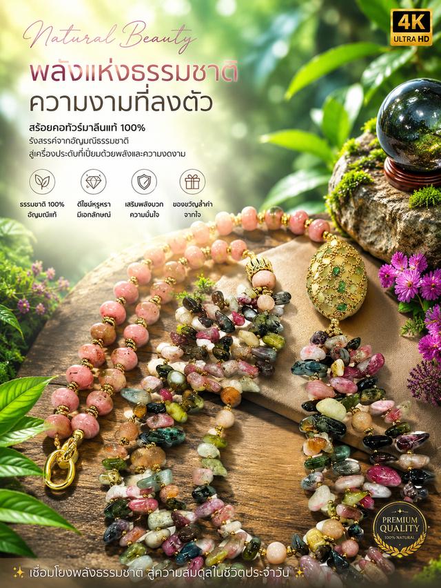 สร้อยคอเส้นคู่ Tourmaline Rhodonite ทรงฟักทองคั่นแร่ Hematiteทอง จี้Tourmaline เส้นนอกยาว 30 นิ้ว