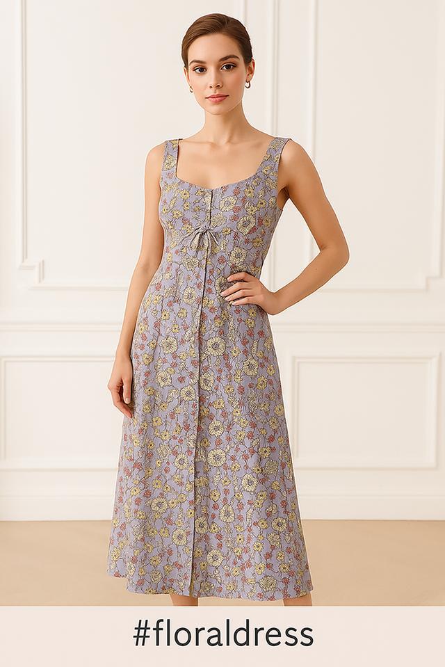 เดรส A-Line ลายดอกไม้สีม่วงพาสเทล Pastel Purple Floral A-Line Dress@SP046