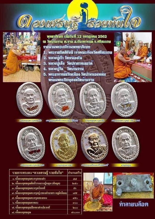 พระผง "ดวงเศรษฐี รวยทันใจ" หลวงปู่หมุน ฐิตสีโล ออกวัดบ้านจาน จ.ศีรษะเกศ ปี 2562 ท่านใดสนใจรุ่นนี้สอบถามได้นะคับ รูปย่อยที่ 4