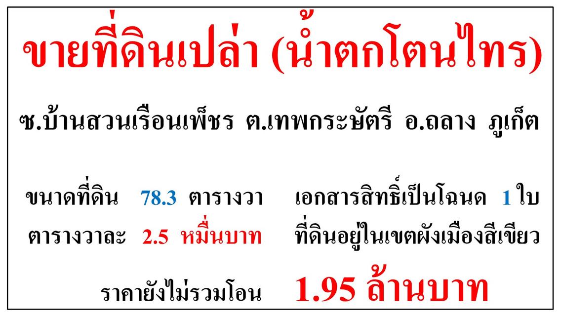 ขายที่ดินเปล่า ขนาด 78.3 ตารางวา  ซ.บ้านสวนเรือนเพ็ชร(โตนไทร)  ต.เทพกระษัตรี  อ.ถลาง  ภูเก็ต