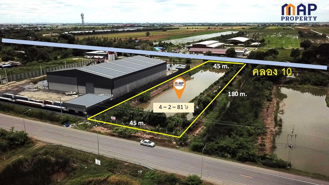 ขายที่ดินติดคลอง 10  เนื้อที่ 4-2-81 ไร่ ด้านหน้า ติดถนน 3