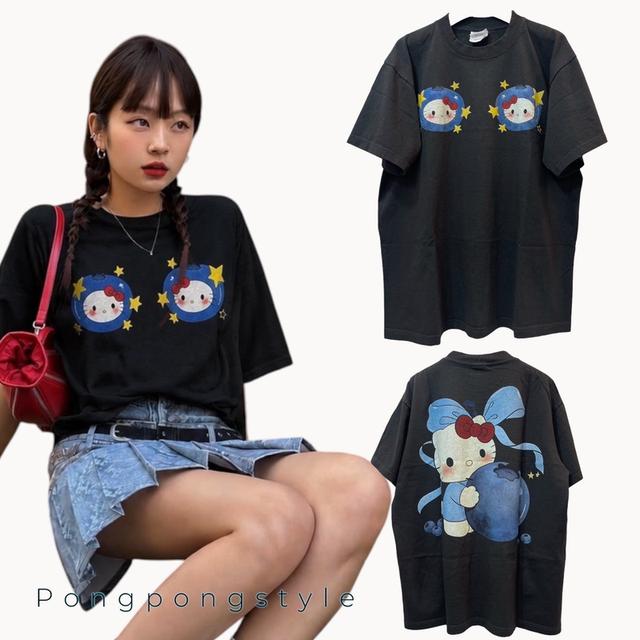 เสื้อยืดผ้าฟอกเฟด ทรงโอเวอร์ไซส์ ไม่มีตะเข็บข้าง งานใหม่ทำเก่า unisex ผ้าcotton100 ลายHello kitty
