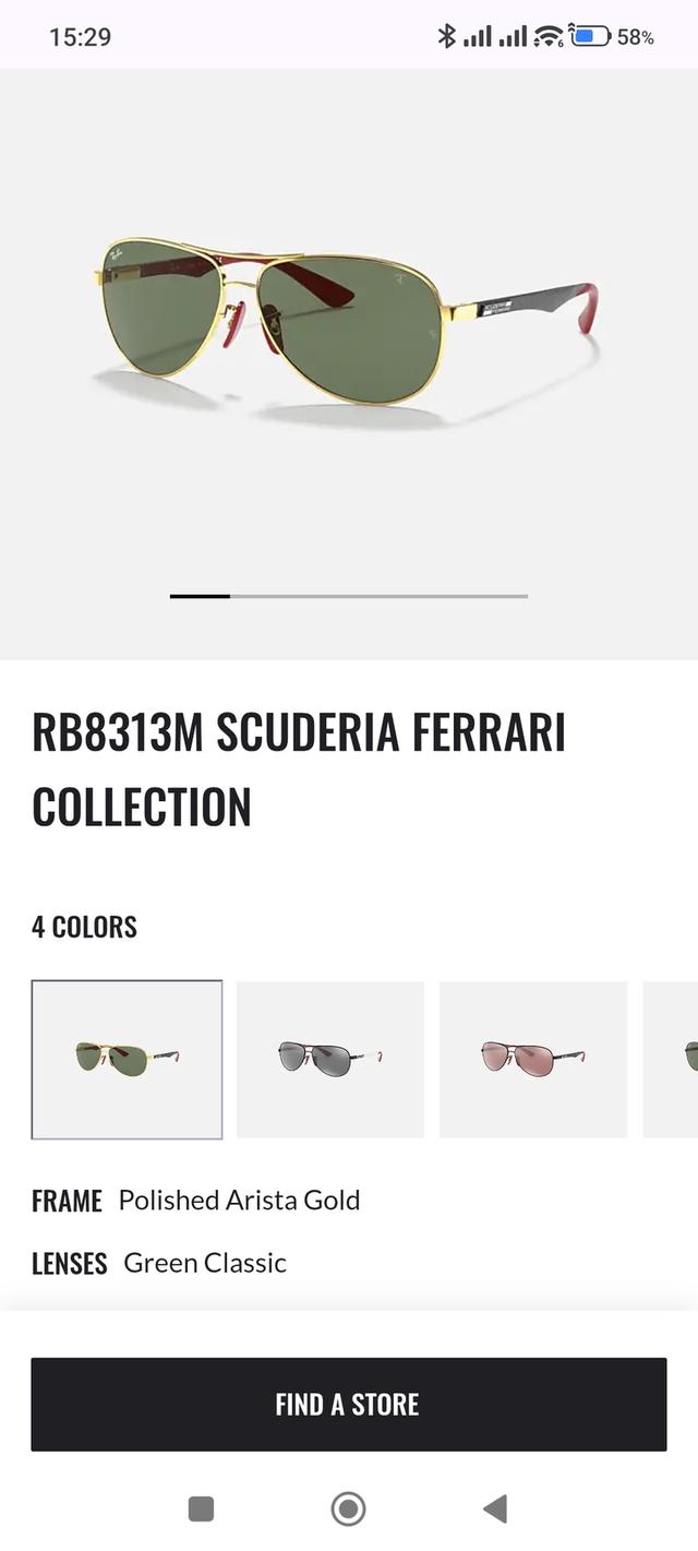 RayBan (คอลเลกชั่นพิเศษ Scuderia Ferrari) รุ่น RB8313-M (รหัสสี F008/71) เป็นแว่นทรงนักบิน (Aviator)กรอบสีทองเลนส์สีเขียวคลาสสิค เป็นเลนส์กระจก G-15 รูปที่ 17