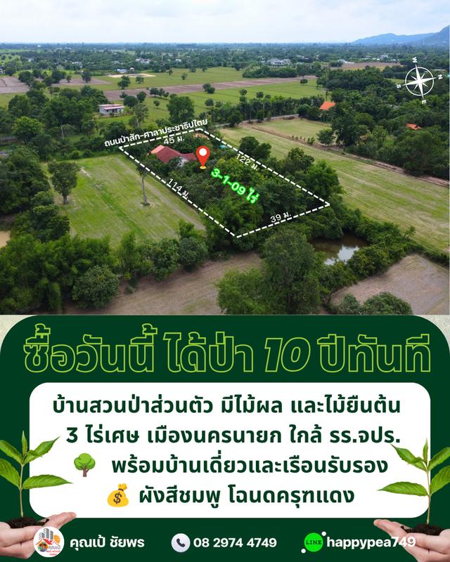 🌳 ที่ดินเมืองนครนายก พรหมณี 3 ไร่เศษ พร้อมบ้านสวนป่าส่วนตัวผังสีชมพู ใกล้ รร.จปร. 4