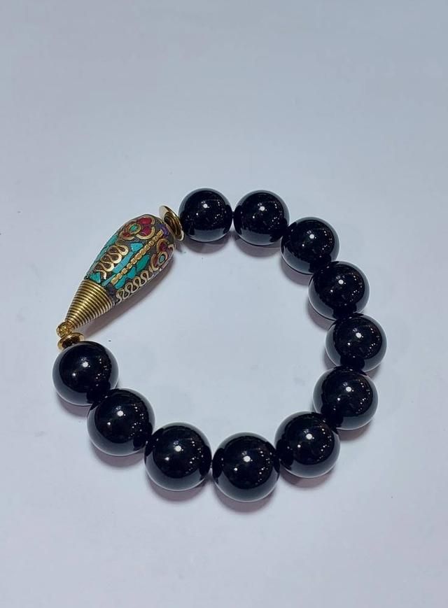 ข้อมือหิน Black onyx 14 mm ลูกปัดเนปาล ยาว 18 cm. 6