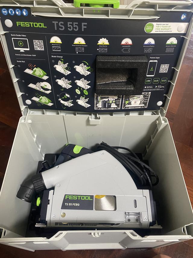 อุปกรณ์ช่าง แบรนด์ Festool 1. เครื่องต่อไม้ DF500 พร้อมอุปกรณ์ 2. เลื่อยราง Plunge saw TS55 FEB-Plus พร้อม 2 ราง ตัวต่อ/ปิดราง 3. เครื่องขัด Rotex 150