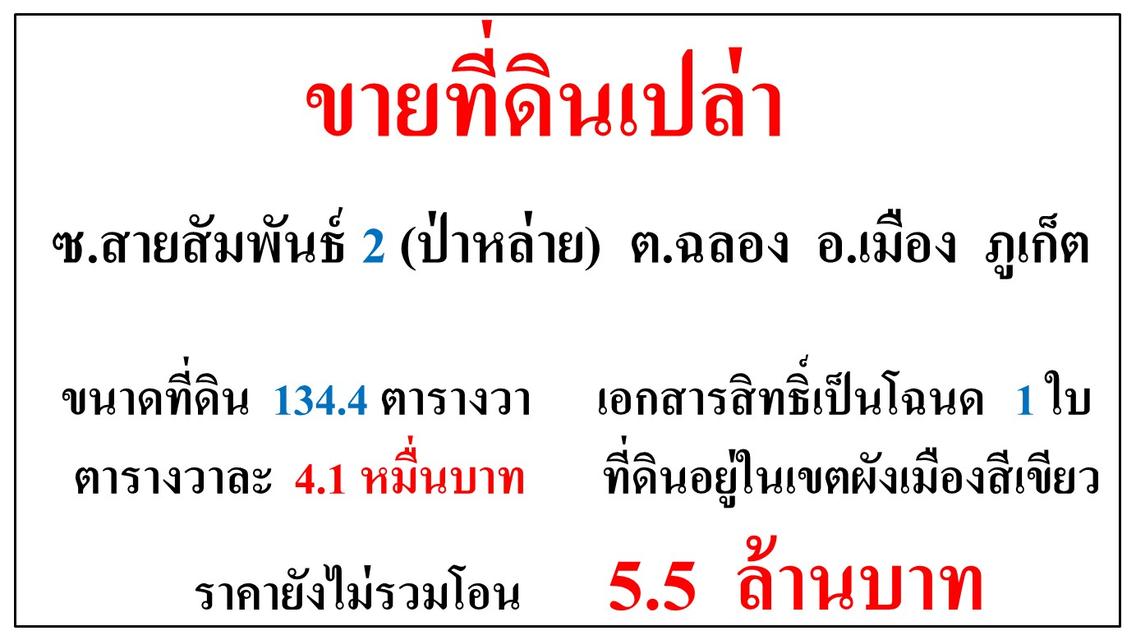 ขายที่ดินเปล่า ขนาด 134.4 ตารางวา **ซ.สายสัมพันธ์ 2 (ป่าหล่าย)** ต.ฉลอง เมืองภูเก็ต (ตรว.4.1หมื่นบาท) 2