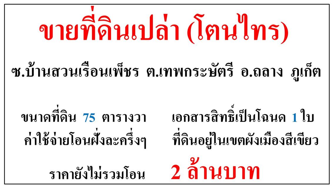 ขายที่ดินเปล่า ขนาด 75 ตารางวา  ซ.บ้านสวนเรือนเพ็ชร(โตนไทร)  ต.เทพกระษัตรี  อ.ถลาง  ภูเก็ต 1