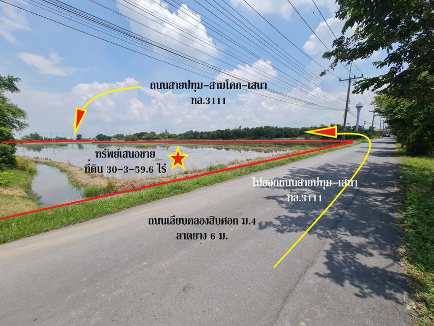ขาย ที่ดิน ติดถนนสามโคก-เสนา ทล.3111 อ.สามโคก ปทุมธานี ทำเลดีพื้นที่ลงทุน เนื้อที่ 37 ไร่ 12.2 ตรว ลดลงราคา 36 ล้าน เจ้า 6