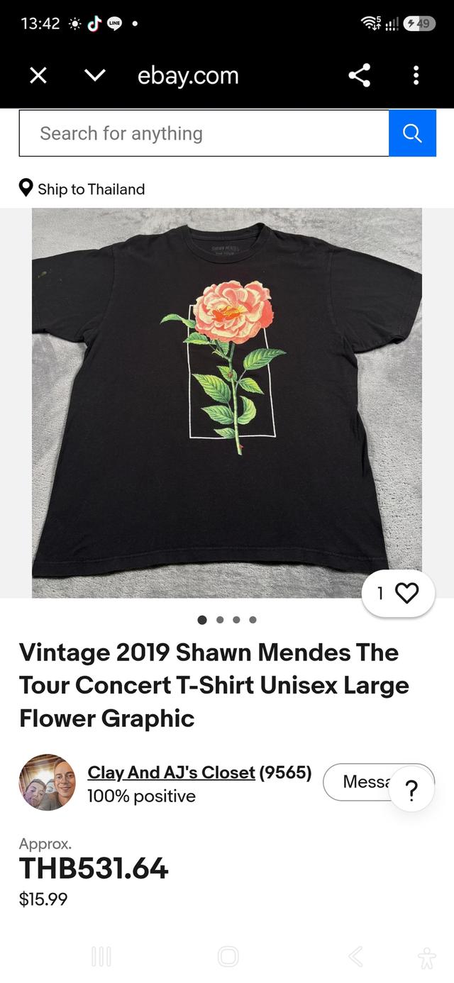 เสื้อยืดวินเทจมือสอง สีดำ Vintage 2019 Shawn Mendes The Tour Concert T-Shirt Unisex XLarge Flower Graphic มือสองสภาพดี ลายสกรีนสวยสไตล์เสื้อทัวร์ รูปที่ 8
