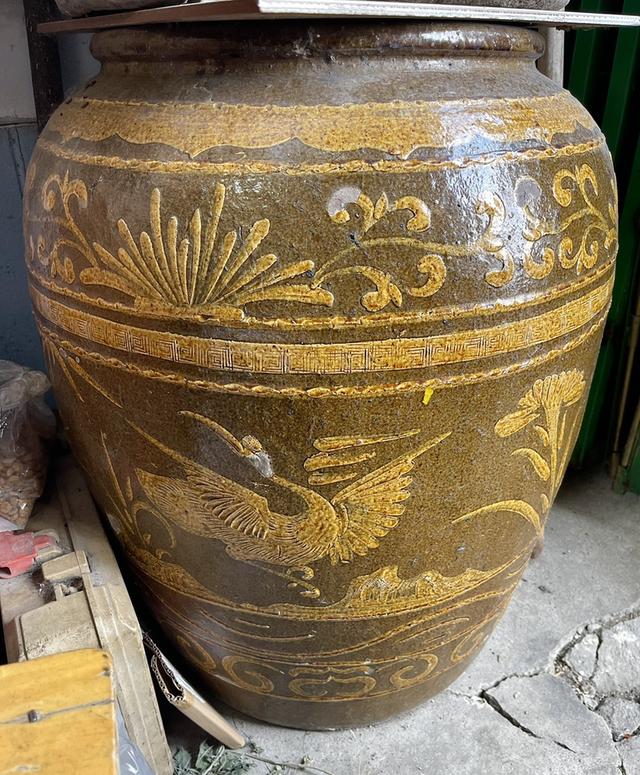 โอ่งเซี่ยงไฮ้ ลายนกกระยาง โอ่งจีนโบราณ โอ่งดินเผาน้ำเคลือบ 3