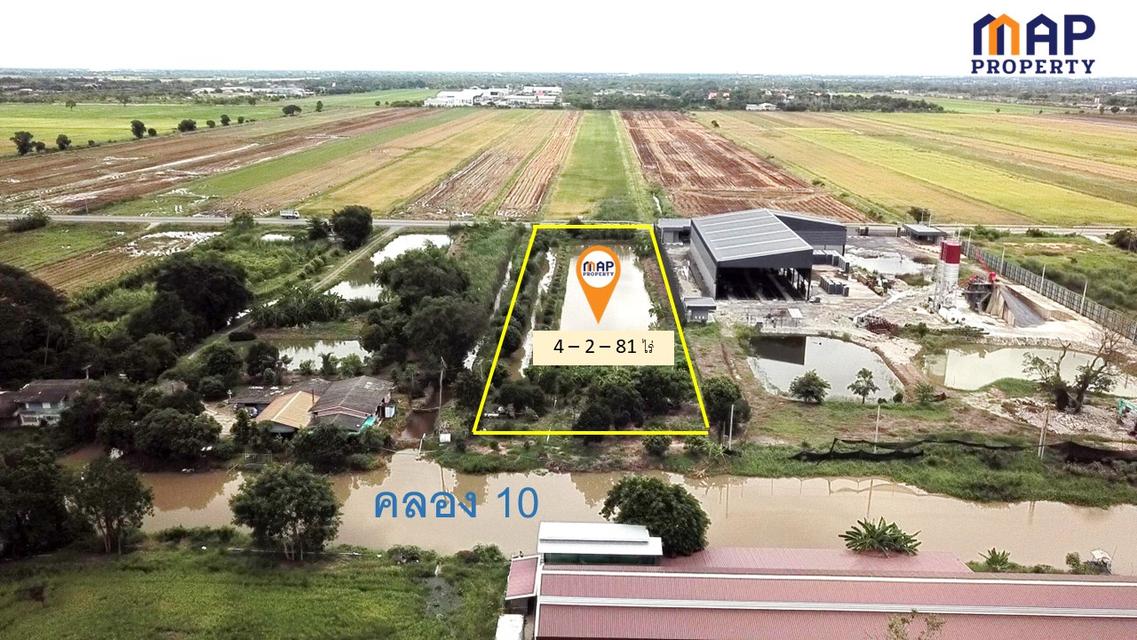 ขายที่ดินติดคลอง 10  เนื้อที่ 4-2-81 ไร่ ด้านหน้า ติดถนน 5