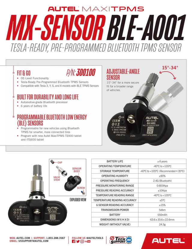 Autel MX-Sensor BLE-A001 Programmable BLE TPMS SENSOR for Tesla 3/Y/S/X models