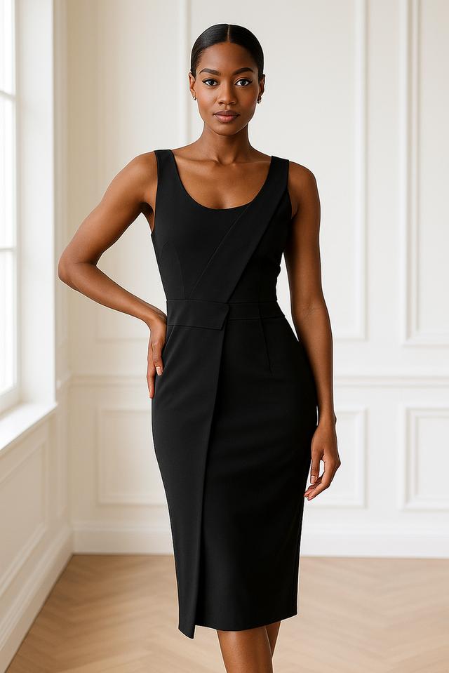 เดรสเข้ารูปสีดําดีไซน์ทับซ้อน (Black Overlap/Drape Detail Sheath Dress)@SP030