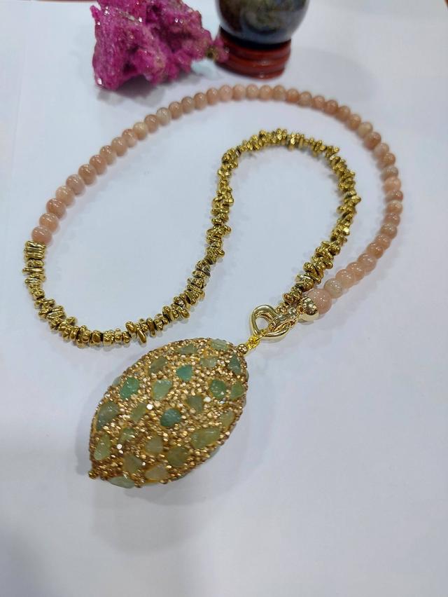 สร้อยคอเส้นคู่ Tourmaline Rhodonite ทรงฟักทองคั่นแร่ Hematiteทอง จี้Tourmaline เส้นนอกยาว 30 นิ้ว รูปที่ 5