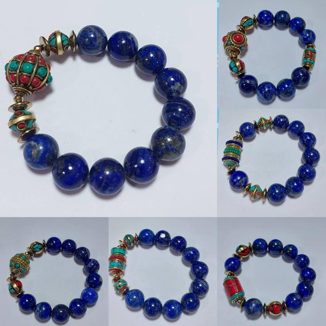 ข้อมือหิน Lapis lazuli 14 mm ลูกปัดเนปาล ยาว 18 cm.