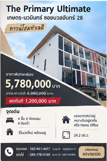 ขายทาวน์โฮม 4 ชั้น, เนื้อที่ 24.2 ตรว.โครงการ Untimate The Primary เกตร-นวมินทร์ ถนนนวลจันทร์ 28 แขวงนวลจันทร์ เขตบึงกุ่ม กรุงเทพมหานคร 1