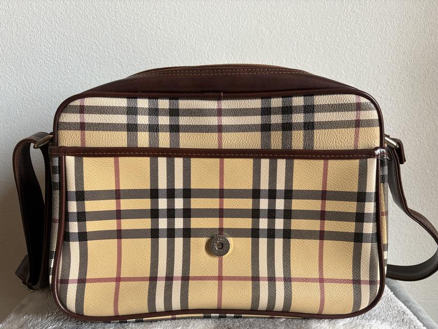 กระเป๋าสะพายไหล่มือสอง Sunstar หนังแคนวาสลายตารางสีน้ำตาล