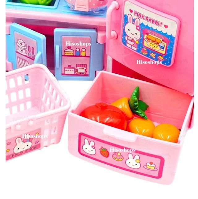 Pink Rabbit ชุดครัวสุดน่ารัก 15 ชิ้น มาพร้อมเตา ตู้เย็น เครื่องครัว และผักผลไม้จำลอง สีชมพูหวานสดใส เสริมจินตนาการและทักษะการเล่นบทบาทสมมุติ