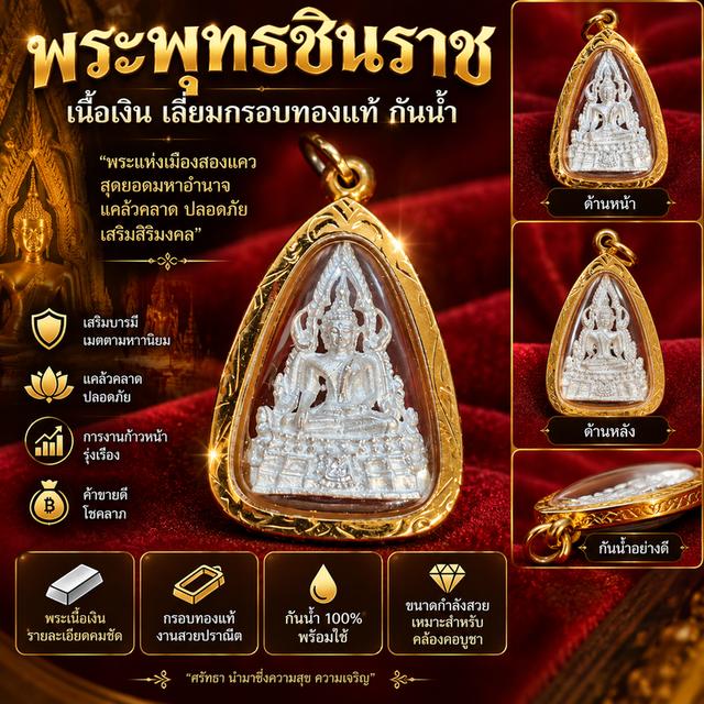 ￼พระพุทธชินราชองค์สีเงิน เลี่ยมกรอบทองแท้ กันน้ำ งานฉลุละเอียด จี้พระพร้อมใช้