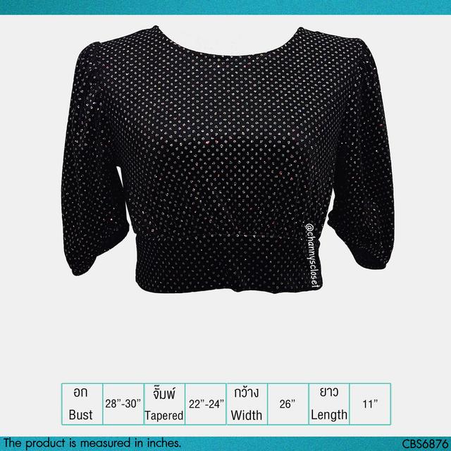 USED H&M - Glittery Black Velvet Crop Top | เสื้อครอปสีดำ เสื้อโชว์หลัง กลิตเตอร์ ลายจุด แขนสั้น คอกลม สายฝอ แท้ มือสอง