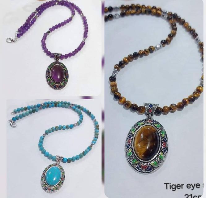 สร้อยหิน Amethyst Turquoise Tiger's eye พร้อมจี้ลงยา หิน6มิล สร้อย21เซนต์ 1