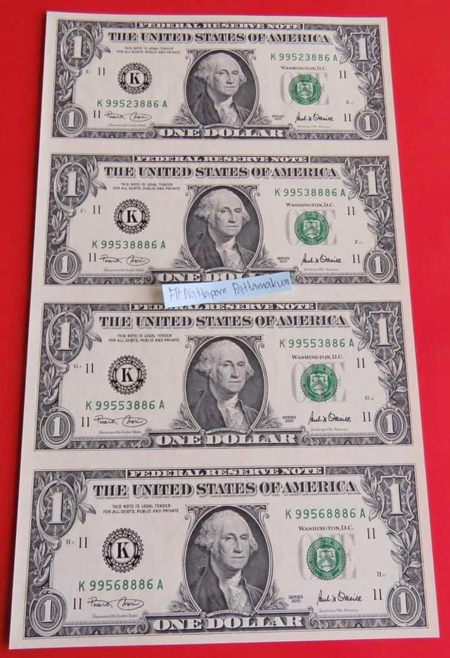 ธนบัตร USA 2001 UNCUT SHEET OF FOUR $1 BILLS 2